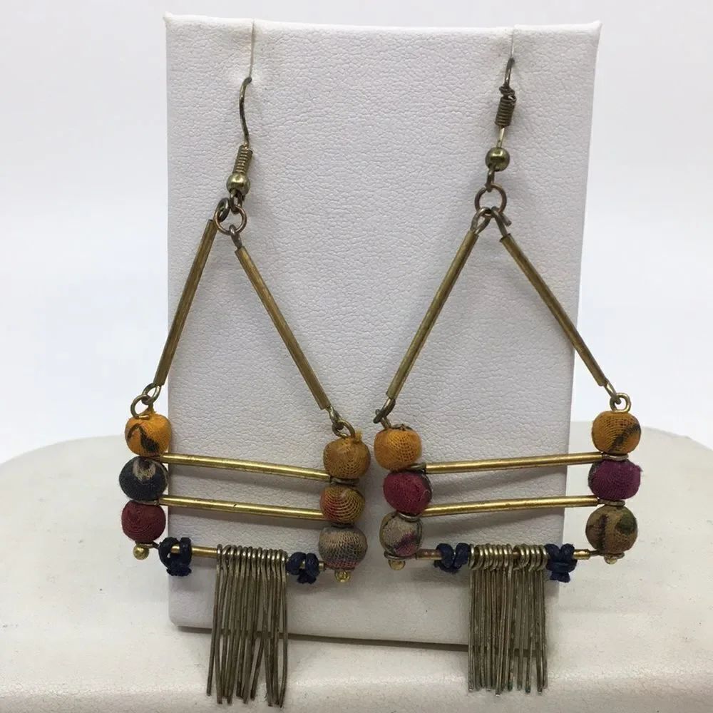 Indian Dangly Triangle Boho Earrings Made of recycled Saris!